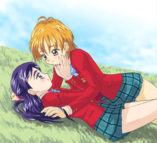 misumi nagisa, yukishiro honoka, futari wa precure, precure, 00s, blue eyes, blue hair, brown eyes, brown hair, school uniform, serafuku