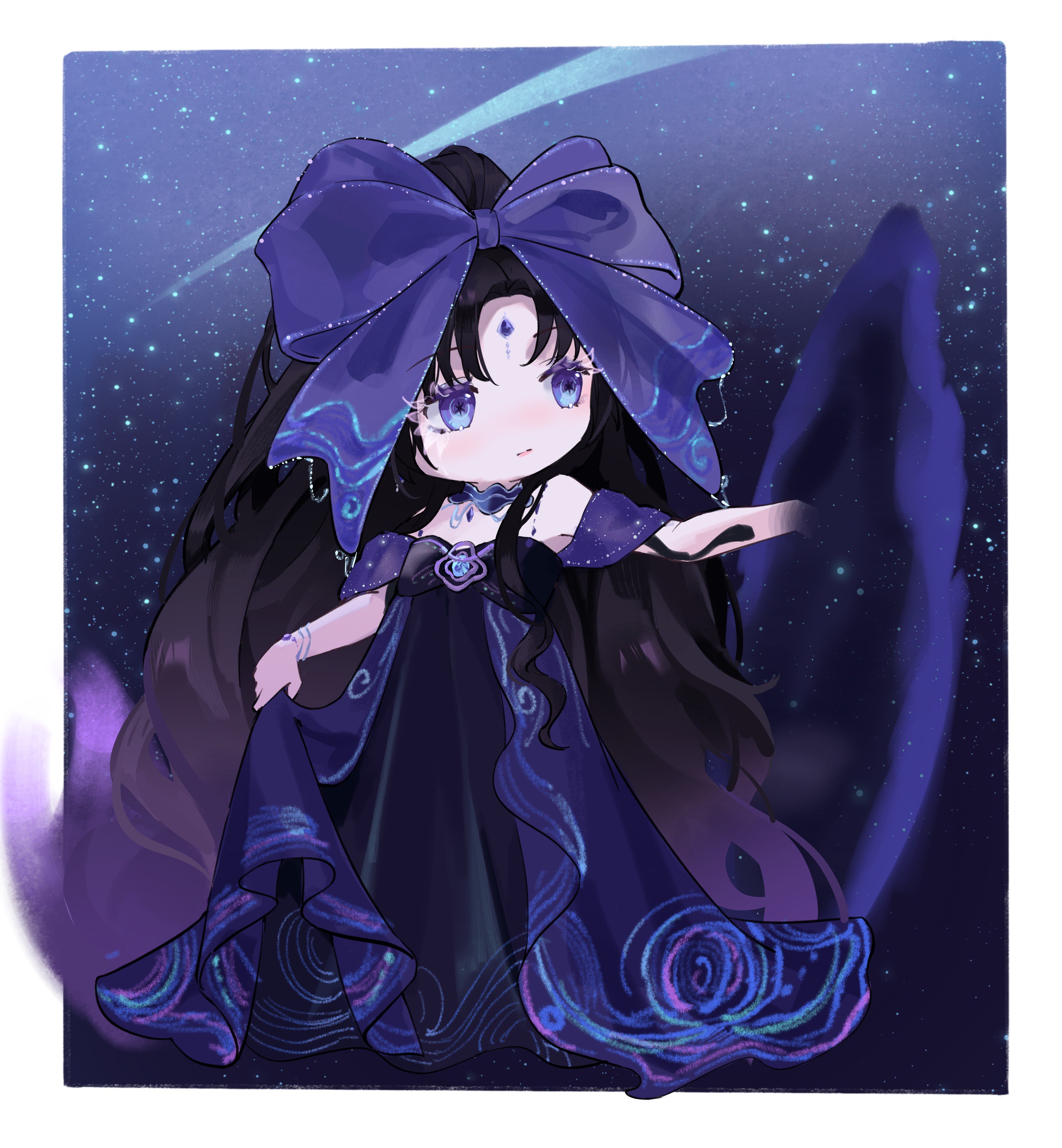 nikki (series), shining nikki, absurdres, highres, 1girl, absurdly long hair, bare shoulders, black dress, black hair, black hole, border, bow, bracelet, chibi, choker, colored tips, dress, expressionless, forehead jewel, gem, godfall omens (shining nikki), gown, hair bow, jewelry, large bow, layered dress, light blush, lips, long dress, long hair, looking to the side, makeup, mascara, multicolored hair, necklace, off-shoulder dress, off shoulder, parted bangs, parted lips, pink lips, purple bow, purple choker, purple dress, purple eyes, purple gemstone, purple sleeves, reaching, shooting star, short sleeves, skirt hold, solo, space, very long hair, wavy hair, white border, yutoutoutoutoutou