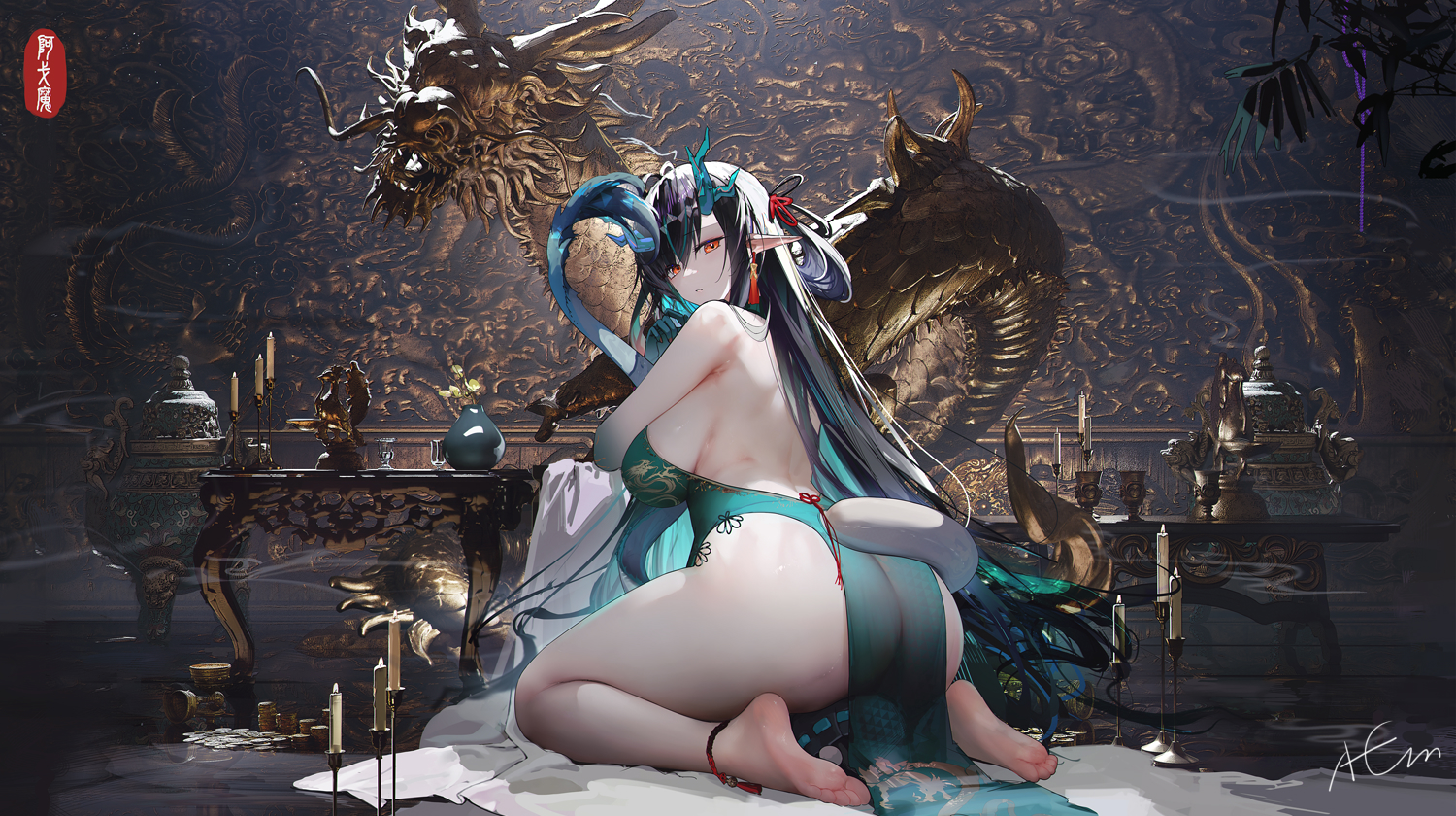 omone hokoma agm, dusk (arknights), arknights, 1girl, anklet, ass, backless dress, backless outfit, bare legs, bare shoulders, barefoot, black hair, blush, breasts, china dress, chinese clothes, closed mouth, colored extremities, colored skin, dragon girl, dragon horns, dragon tail, dress, earrings, eastern dragon tail, feet, from behind, gradient skin, green dress, green hands, green horns, green skin, hair over one eye, horns, jewelry, large breasts, legs, long hair, looking at viewer, looking back, no shoes, pointy ears, red eyes, sideboob, sitting, soles, solo, tail, tassel, tassel earrings, toes, wariza