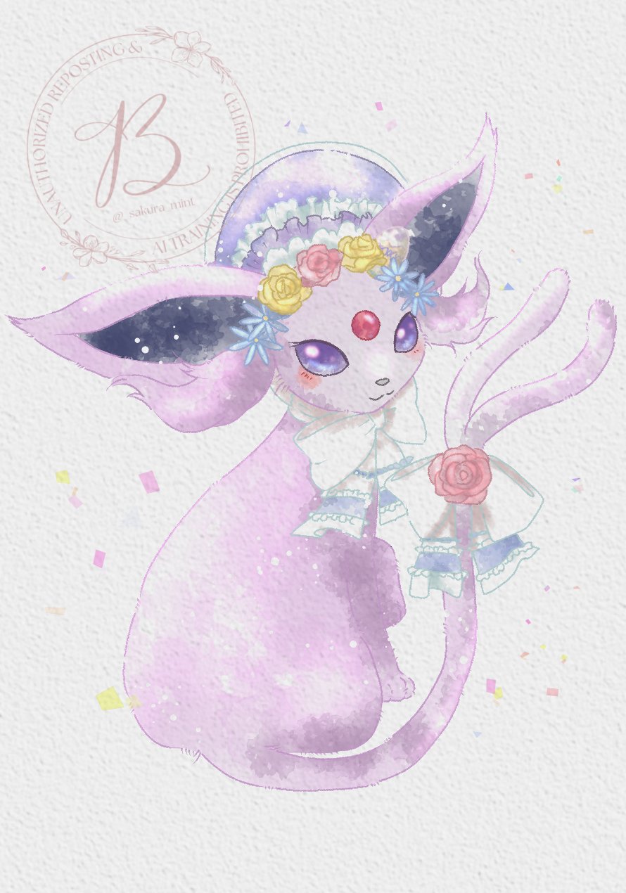 baya (sakura mint), espeon, espeon (botanical easter), nintendo, pokemon, highres, blush, bonnet, bow, closed mouth, flower, forehead jewel, forked tail, gen 2 pokemon, hat, no humans, pokemon (creature), pokemon focus, purple eyes, rose, simple background, smile, solo, tail, tail bow, tail ornament, white bow