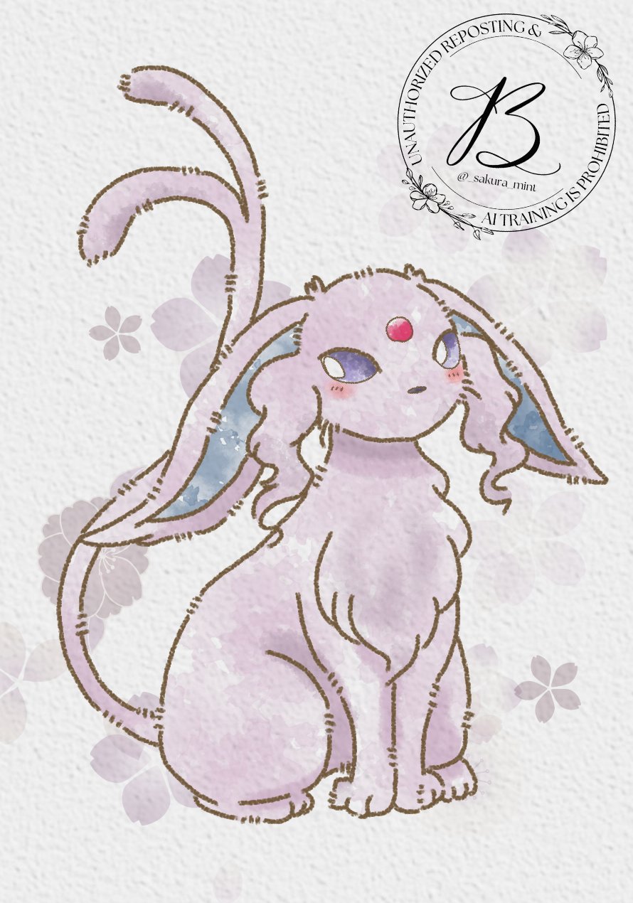 baya (sakura mint), espeon, nintendo, pokemon, highres, animal focus, blush, closed mouth, flower, forehead jewel, forked tail, full body, gem, gen 2 pokemon, looking at viewer, no humans, pokemon (creature), pokemon focus, purple eyes, purple fur, red gemstone, simple background, sitting, tail