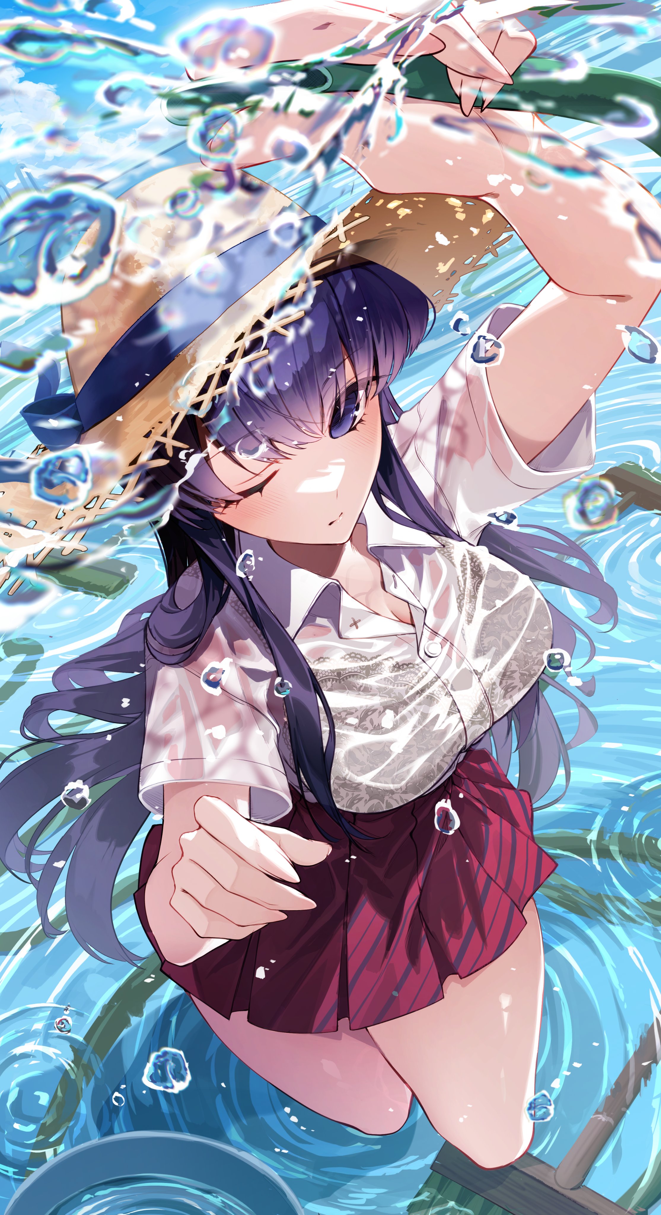 chuuni227, komi shouko, komi-san wa komyushou desu, absurdres, highres, 1girl, adjusting clothes, adjusting headwear, arm up, breasts, closed mouth, from above, hat, large breasts, long hair, looking up, one eye closed, purple eyes, purple hair, red skirt, shirt, skirt, solo, straw hat, water, wet, wet clothes, wet shirt, white shirt
