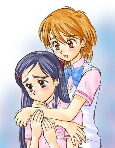 misumi nagisa, yukishiro honoka, futari wa precure, precure, lowres, 00s, blue eyes, blue hair, brown eyes, brown hair, school uniform, serafuku