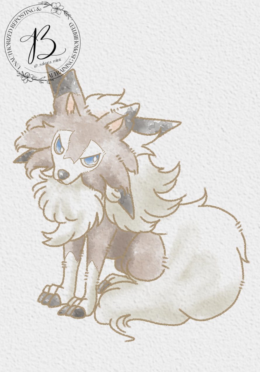 baya (sakura mint), lycanroc, lycanroc (midday), nintendo, pokemon, highres, animal ears, animal focus, blue eyes, brown fur, claws, closed mouth, dog, full body, gen 7 pokemon, looking at viewer, neck fur, no humans, pokemon (creature), pokemon focus, simple background, solo, tail, white background, wolf