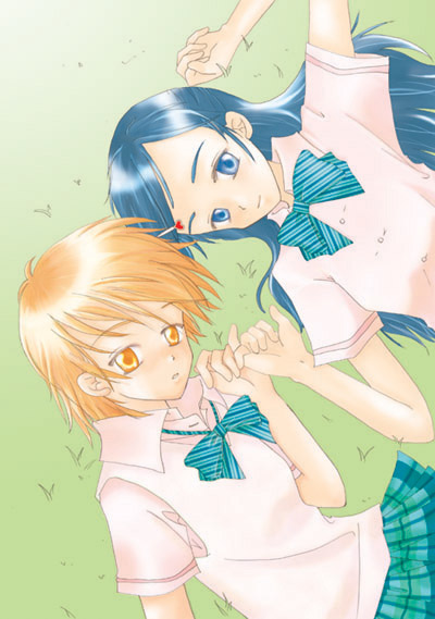 misumi nagisa, yukishiro honoka, futari wa precure, precure, 00s, blue eyes, blue hair, brown eyes, brown hair, school uniform, serafuku