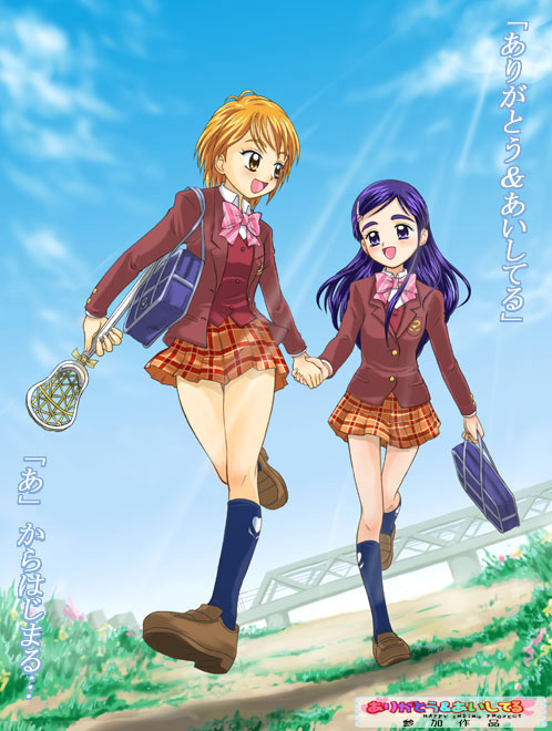 misumi nagisa, yukishiro honoka, futari wa precure, precure, 00s, blue eyes, blue hair, brown eyes, brown hair, school uniform, serafuku