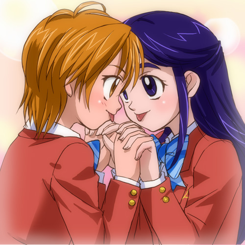 haruyama kazunori, misumi nagisa, yukishiro honoka, futari wa precure, precure, lowres, 00s, 2girls, blue bow, blue eyes, blue hair, blush, bow, brown eyes, brown hair, eye contact, holding, holding hands, interlocked fingers, looking at another, multiple girls, school uniform, serafuku, tongue, yuri
