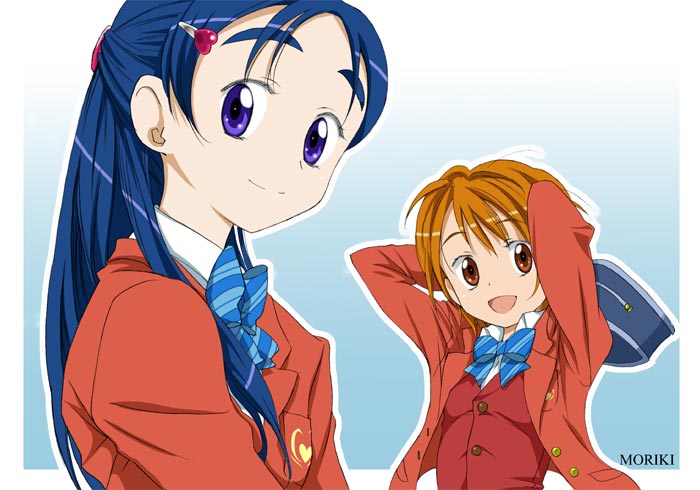 misumi nagisa, yukishiro honoka, futari wa precure, precure, 00s, blue eyes, blue hair, brown eyes, brown hair, school uniform, serafuku