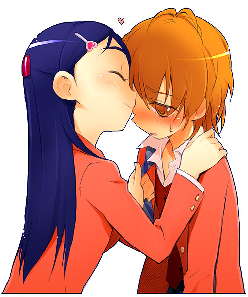 minakata sunao, misumi nagisa, yukishiro honoka, futari wa precure, precure, 00s, 2girls, blue eyes, blue hair, blush, brown eyes, brown hair, closed eyes, heart, kiss, multiple girls, school uniform, serafuku, smile, yuri