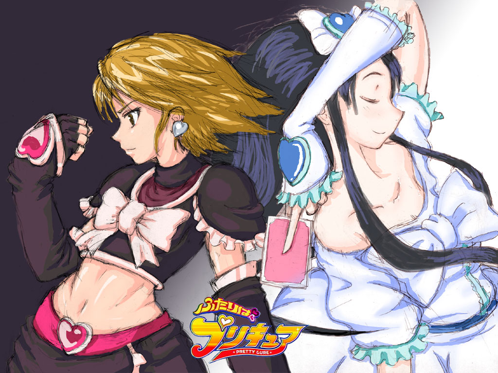 cure black, cure white, misumi nagisa, yukishiro honoka, futari wa precure, precure, 00s, blue hair, brown eyes, brown hair