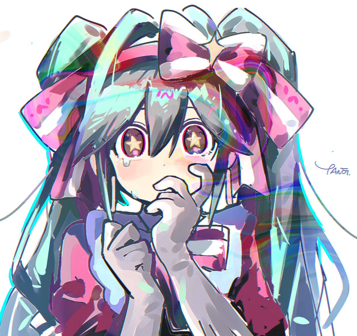 tanglaoban1225, hatsune miku, vocaloid, 1girl, aqua hair, black eyes, bow, bow hairband, bowtie, covered mouth, dress, gloves, hairband, hand on own face, ima sugu rinne (vocaloid), long hair, looking at viewer, pink dress, signature, simple background, solo, star-shaped pupils, star (symbol), symbol-shaped pupils, tearing up, tears, twintails, upper body, white background, white gloves