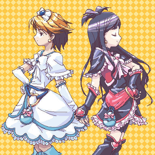 cure black, cure white, misumi nagisa, yukishiro honoka, futari wa precure, precure, lowres, 00s, blue hair, brown hair