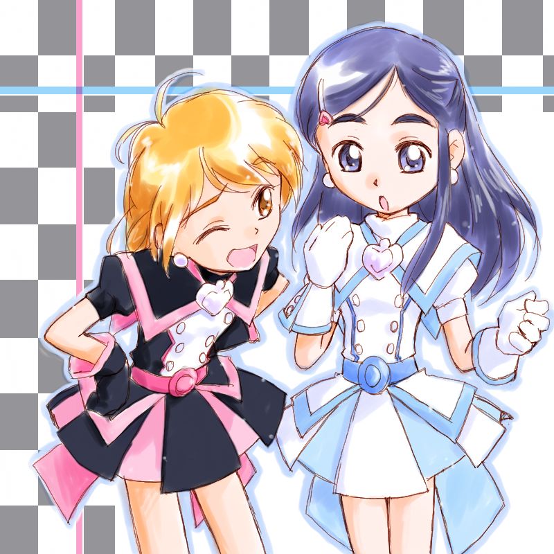 oochan (society of sorcery), cure black, cure white, misumi nagisa, yukishiro honoka, futari wa precure, precure, 00s, 2girls, adapted costume, belt, blue eyes, blue hair, brown eyes, brown hair, dress, earrings, gloves, hair ornament, hairclip, heart, jewelry, long hair, magical girl, multiple girls, orange eyes, orange hair, short hair, skirt