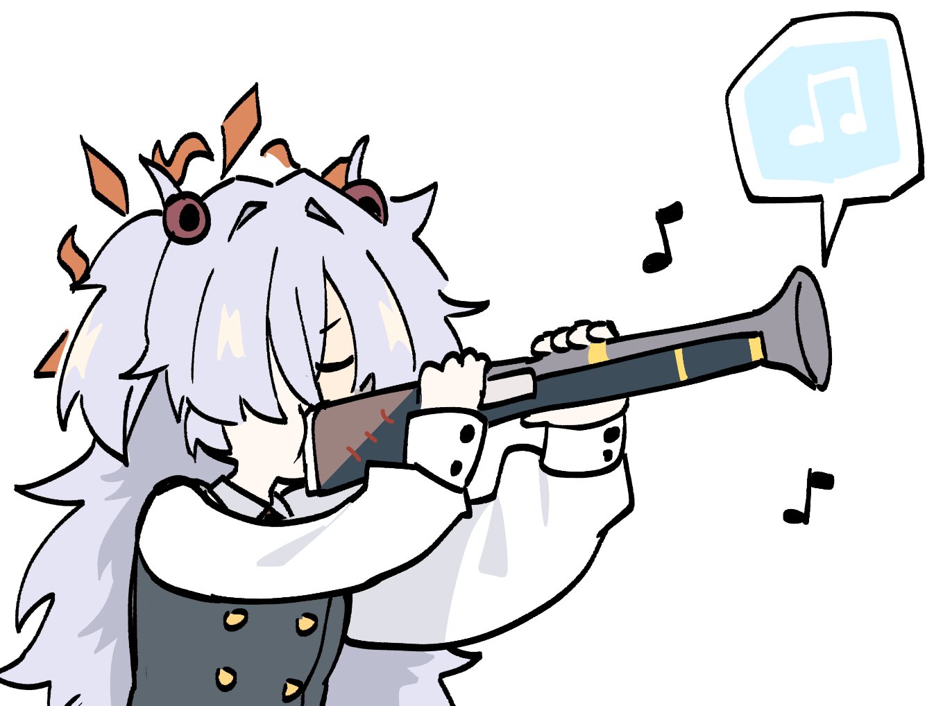 kanoe (blue archive), blue archive, antique firearm, big hair, blunderbuss, closed eyes, collar, dress, firearm, gun, halo, holding, holding gun, holding weapon, instrument, music, musical note, playing instrument, sleeve cuffs, speech bubble, trombone, twintails, weapon