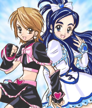 cure black, cure white, misumi nagisa, yukishiro honoka, futari wa precure, precure, lowres, 00s, blue eyes, blue hair, brown eyes, brown hair