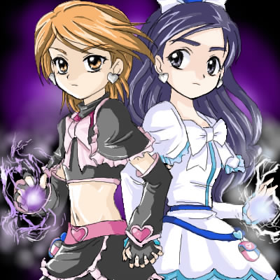 cure black, cure white, misumi nagisa, yukishiro honoka, futari wa precure, precure, lowres, 00s, blue eyes, blue hair, brown eyes, brown hair