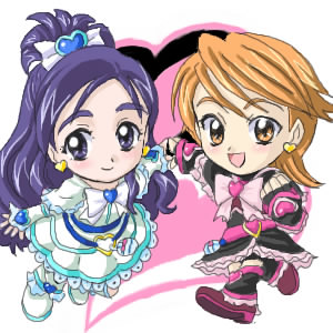 cure black, cure white, misumi nagisa, yukishiro honoka, futari wa precure, precure, lowres, 00s, blue eyes, blue hair, brown eyes, brown hair