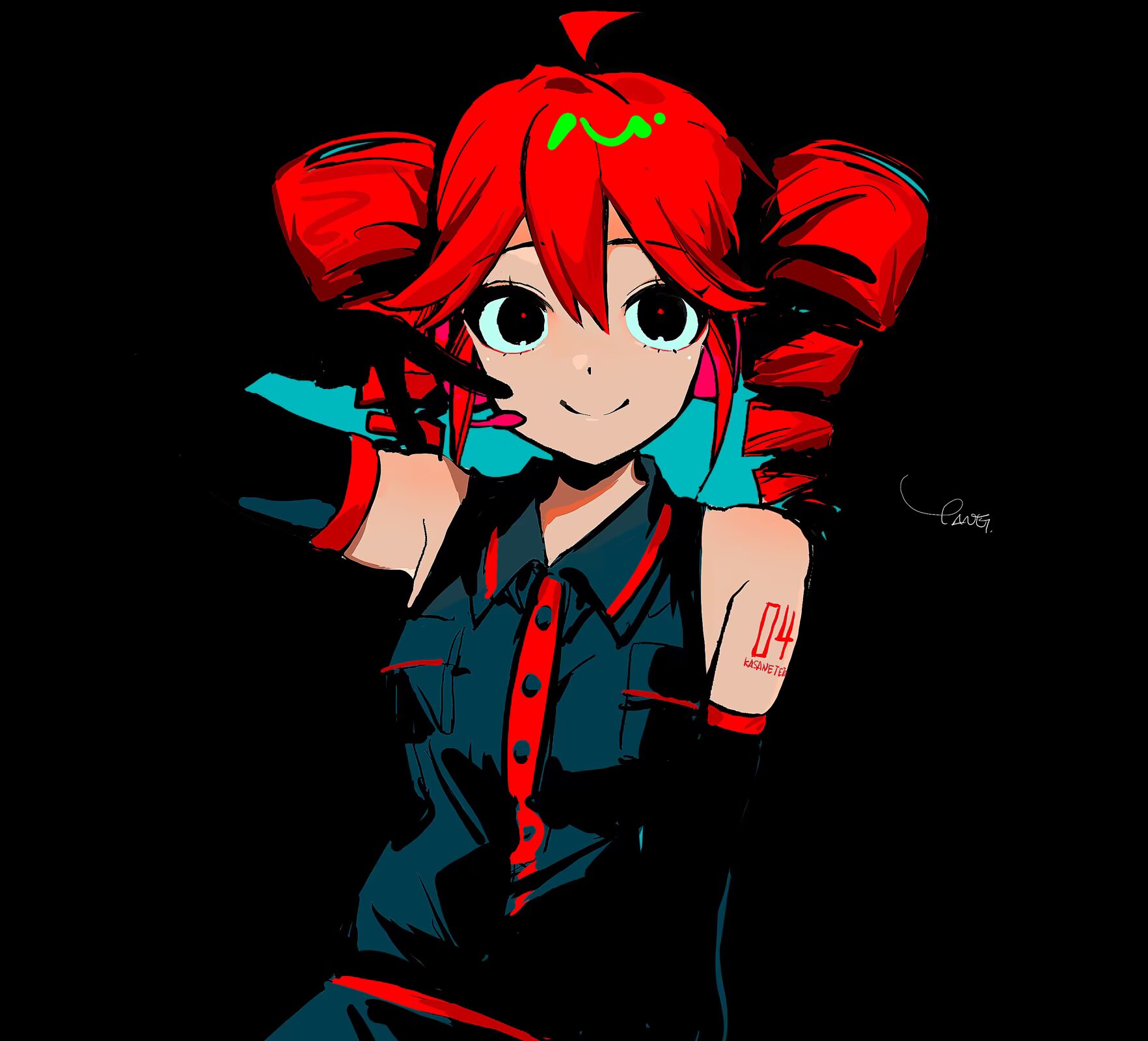 tanglaoban1225, kasane teto, kasane teto (utau), utau, highres, 1girl, ahoge, arm tattoo, bare shoulders, black background, black eyes, black hair, blending, closed mouth, collared shirt, detached sleeves, drill hair, hand up, headset, looking at viewer, red hair, red pupils, shirt, short hair, signature, simple background, sleeveless, sleeveless shirt, smile, solo, tattoo, twin drills, upper body, v