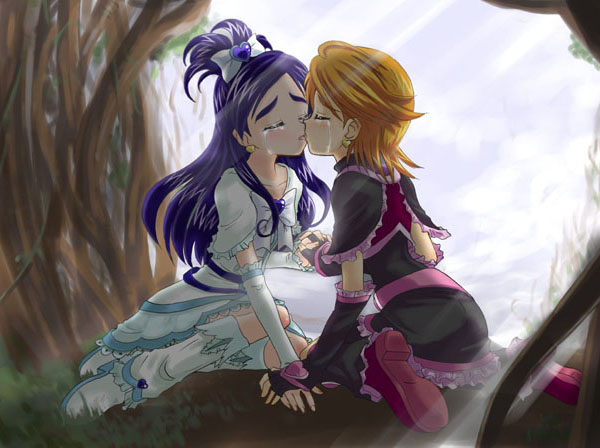 cure black, cure white, misumi nagisa, yukishiro honoka, futari wa precure, precure, 00s, 2girls, blue hair, brown hair, kiss, multiple girls, tears, yuri