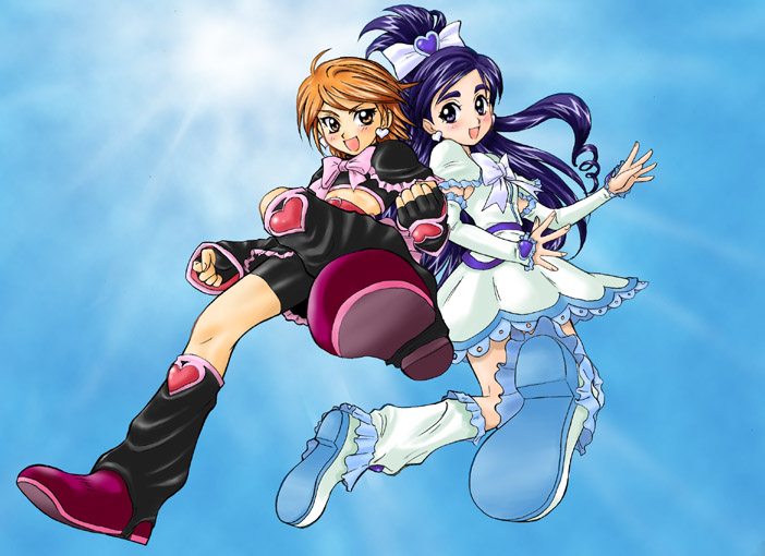 cure black, cure white, misumi nagisa, yukishiro honoka, futari wa precure, precure, 00s, blue eyes, blue hair, brown eyes, brown hair