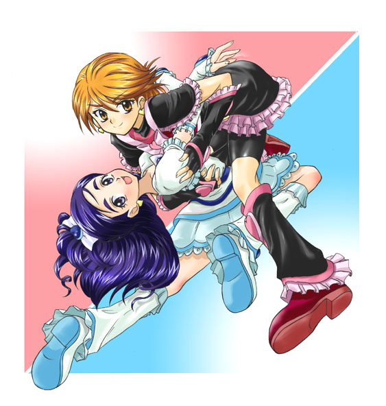 cure black, cure white, misumi nagisa, yukishiro honoka, futari wa precure, precure, 00s, blue eyes, blue hair, brown eyes, brown hair