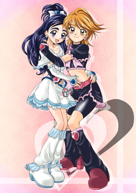 cure black, cure white, misumi nagisa, yukishiro honoka, futari wa precure, precure, 00s, blue eyes, blue hair, brown eyes, brown hair