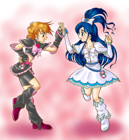 cure black, cure white, misumi nagisa, yukishiro honoka, futari wa precure, precure, lowres, 00s, blue eyes, blue hair, brown eyes, brown hair