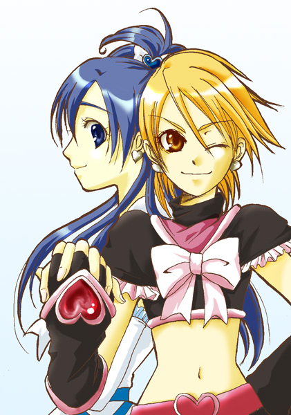 cure black, cure white, misumi nagisa, yukishiro honoka, futari wa precure, precure, 00s, blue eyes, blue hair, brown eyes, brown hair