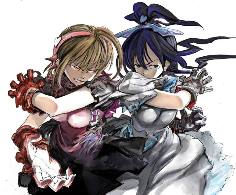 kodama yuuki, cure black, cure white, misumi nagisa, yukishiro honoka, futari wa precure, precure, 00s, 2girls, adapted costume, ahoge, black hair, blue hair, bow, brown hair, crazy eyes, crossover, dress, gloves, hair bow, hairband, half updo, long hair, multiple girls, serious, short hair, white background