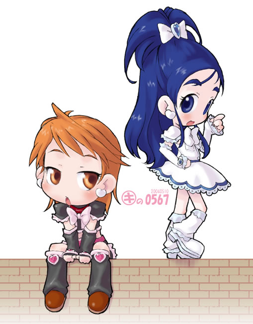 cure black, cure white, misumi nagisa, yukishiro honoka, futari wa precure, precure, 00s, blue eyes, blue hair, brown eyes, brown hair