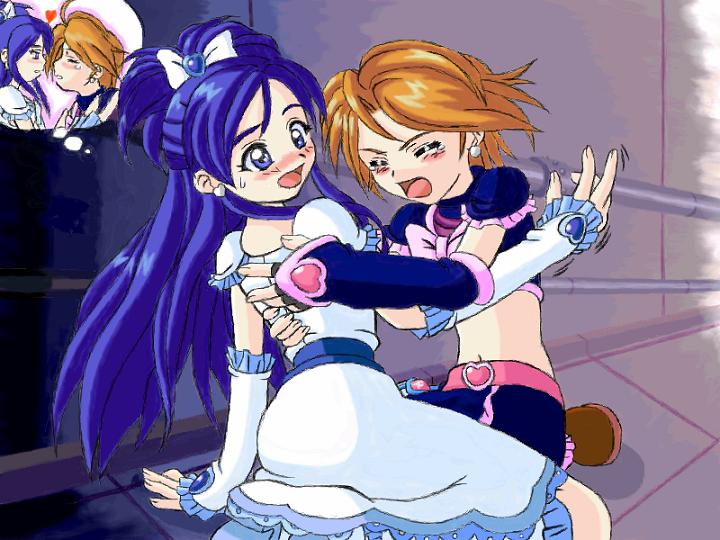 cure black, cure white, misumi nagisa, yukishiro honoka, futari wa precure, precure, 00s, blue eyes, blue hair, brown hair