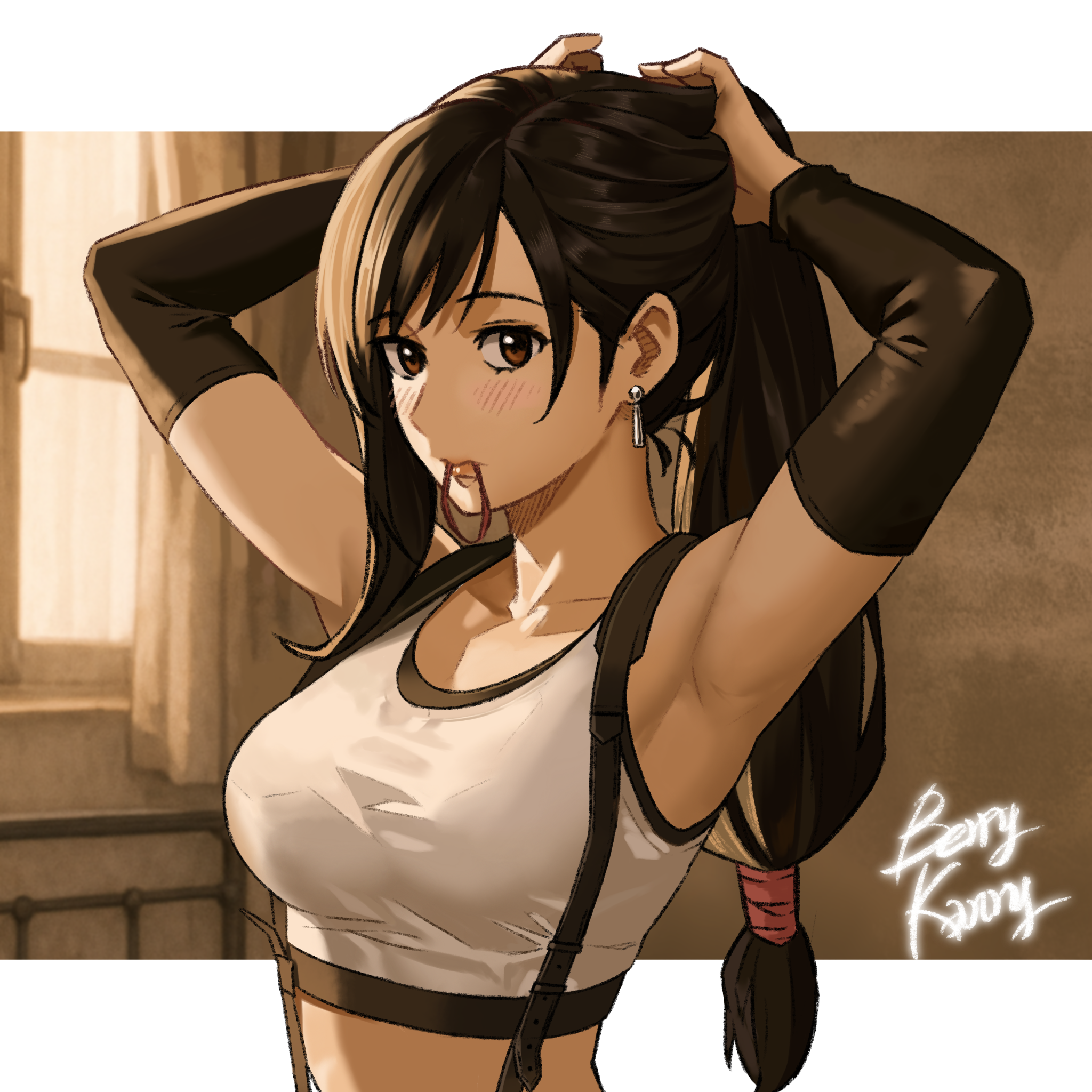 berrykanry, tifa lockhart, final fantasy, final fantasy vii, final fantasy vii remake, commentary, highres, 1girl, armpits, arms behind head, arms up, bare shoulders, black hair, black sleeves, blush, breasts, brown eyes, closed mouth, collarbone, crop top, curtains, detached sleeves, earrings, hair tie, hair tie in mouth, jewelry, long hair, long sleeves, looking at viewer, medium breasts, mouth hold, signature, solo, tying hair, upper body, window