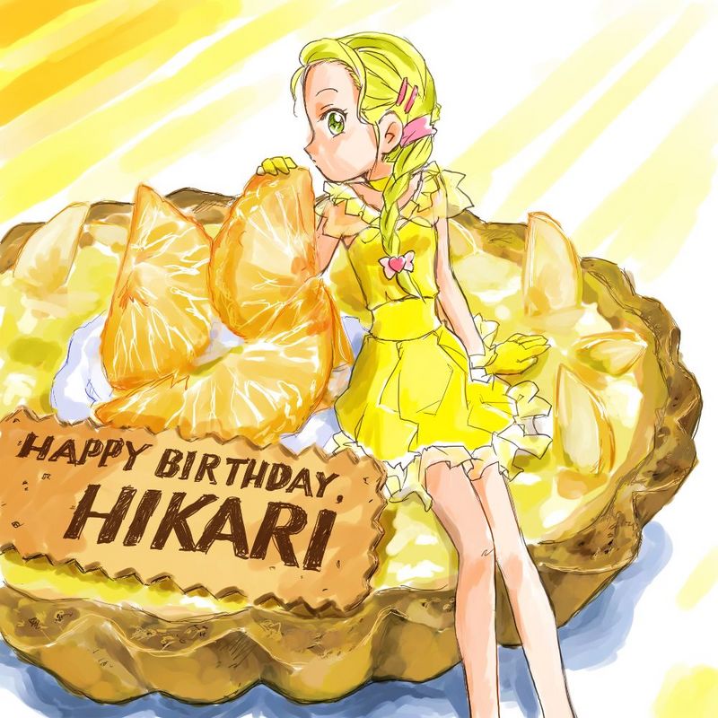 oochan (society of sorcery), kujou hikari, futari wa precure, futari wa precure max heart, precure, 00s, 1girl, birthday, blonde hair, braid, cake, character name, choker, female focus, food, gloves, green eyes, hair ornament, hairclip, happy birthday, heart, long hair, looking at viewer, side braid, single braid, skirt, solo, yellow eyes, yellow skirt, yellow theme