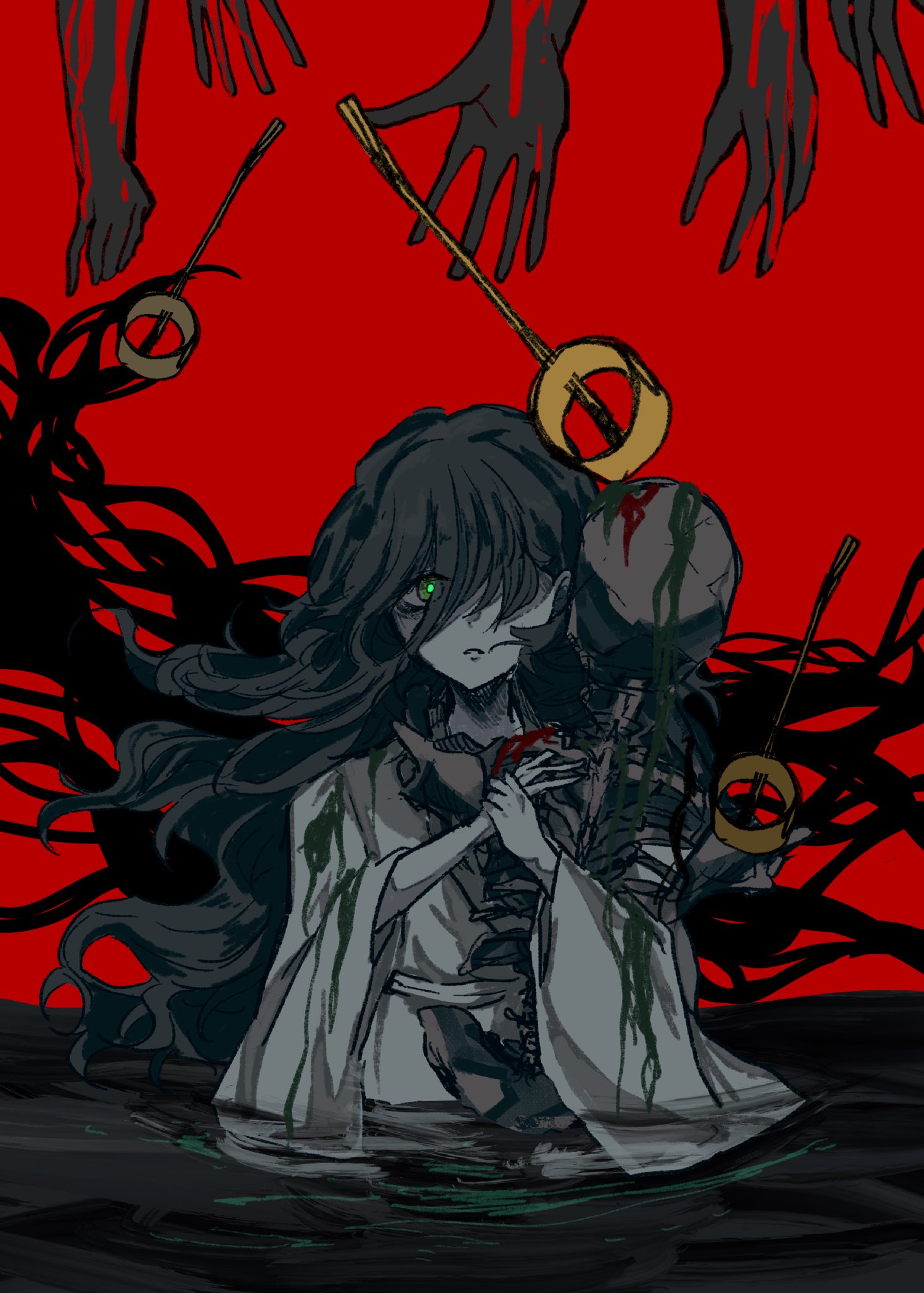mitsusame, murasa minamitsu, touhou, highres, 1girl, alternate costume, alternate hair length, alternate hairstyle, black hair, blood, disembodied hand, floating hair, green eyes, hair over one eye, hug, japanese clothes, kimono, ladle, long hair, long sleeves, partially submerged, red background, skeleton, symbolism, white kimono, wide sleeves, yukata