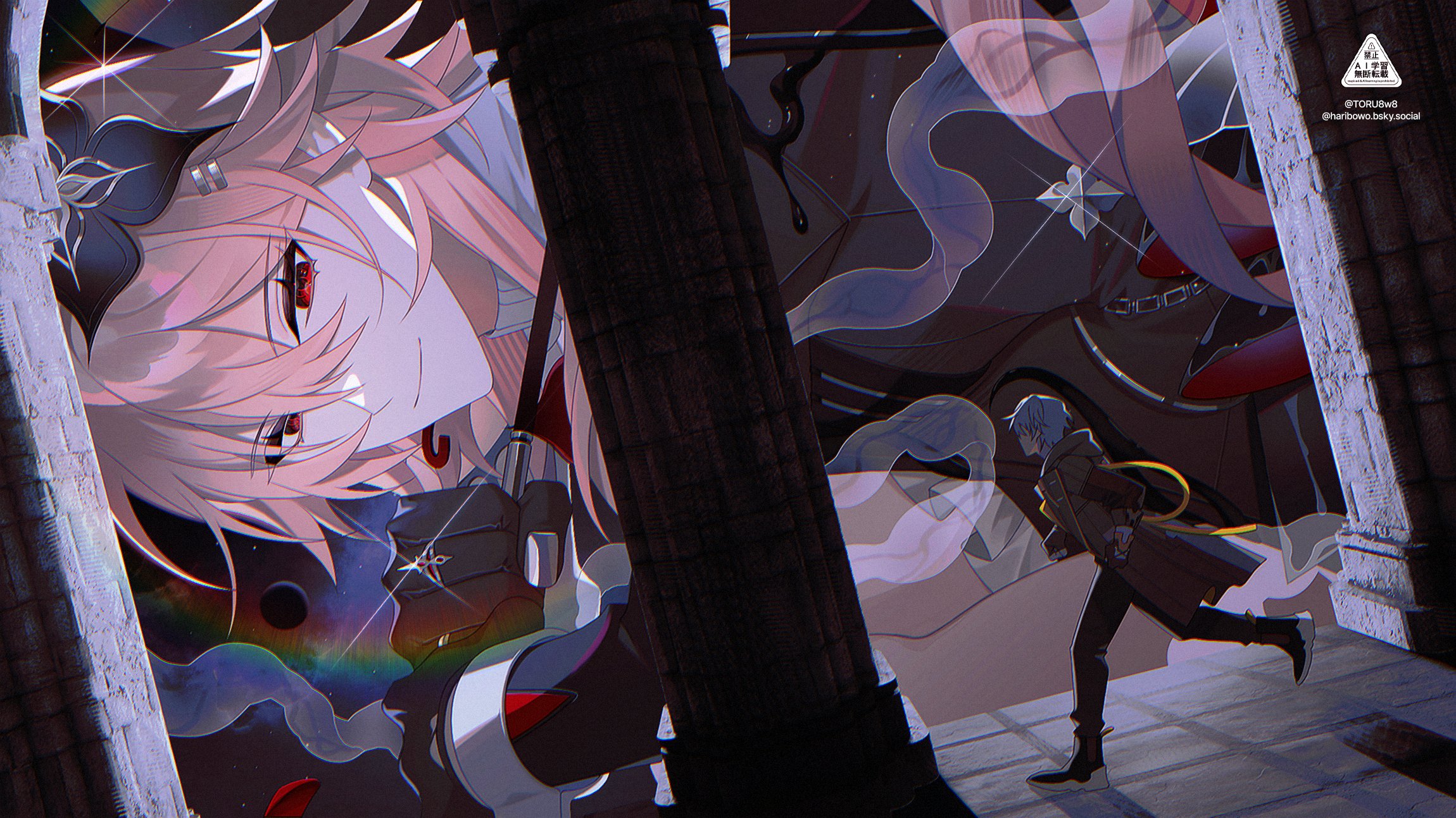 toru8w8, caelus (honkai: star rail), evernight (honkai: star rail), march 7th (honkai: star rail), trailblazer (honkai: star rail), honkai: star rail, honkai (series), highres, 1boy, 1girl, artist name, black coat, black flower, black pants, black shoes, bluesky username, coat, flower, giant, giantess, grey hair, hair flower, hair ornament, long hair, looking at another, pants, pink hair, red eyes, shoes, short hair, size difference, smile, twitter username, watermark