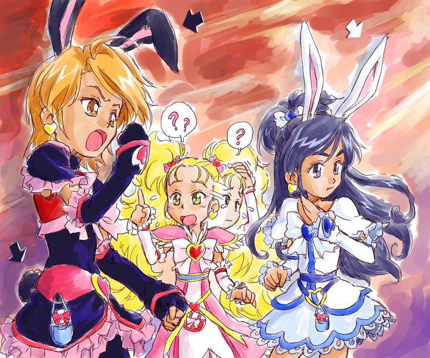 cure black, cure white, kujou hikari, misumi nagisa, shiny luminous, yukishiro honoka, futari wa precure, futari wa precure max heart, precure, 00s, animal ears, blonde hair, blue eyes, blue hair, brown eyes, brown hair, green eyes, rabbit ears
