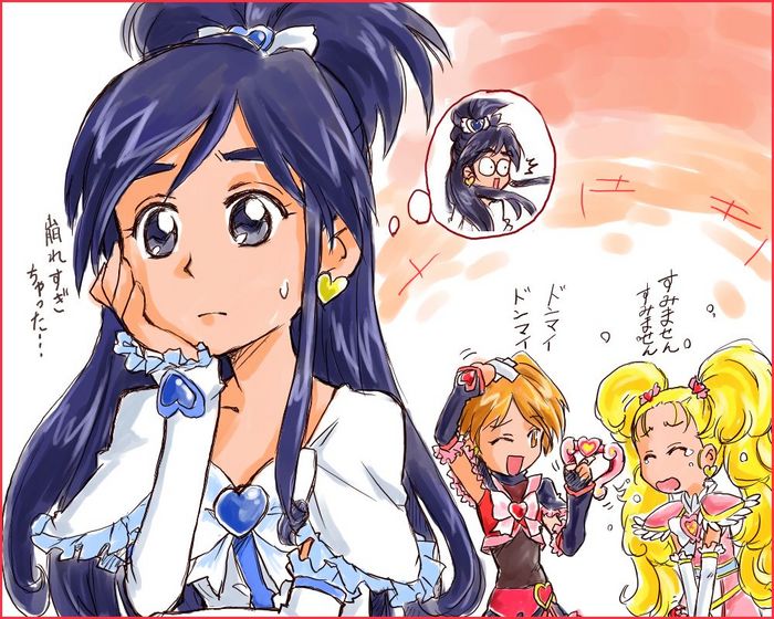 cure black, cure white, kujou hikari, misumi nagisa, shiny luminous, yukishiro honoka, futari wa precure, futari wa precure max heart, precure, 00s, blonde hair, blue eyes, blue hair, brown eyes, brown hair