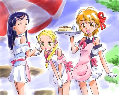 oochan (society of sorcery), kujou hikari, misumi nagisa, yukishiro honoka, futari wa precure, futari wa precure max heart, precure, lowres, 00s, 3girls, apron, arm warmers, bare shoulders, blonde hair, blue hair, braid, brown eyes, brown hair, closed eyes, dress, gloves, green eyes, hair ornament, hairclip, happy, heart, long hair, looking at viewer, maid, maid apron, multiple girls, open mouth, orange eyes, orange hair, ribbon, short hair, side braid, skirt, smile, white gloves