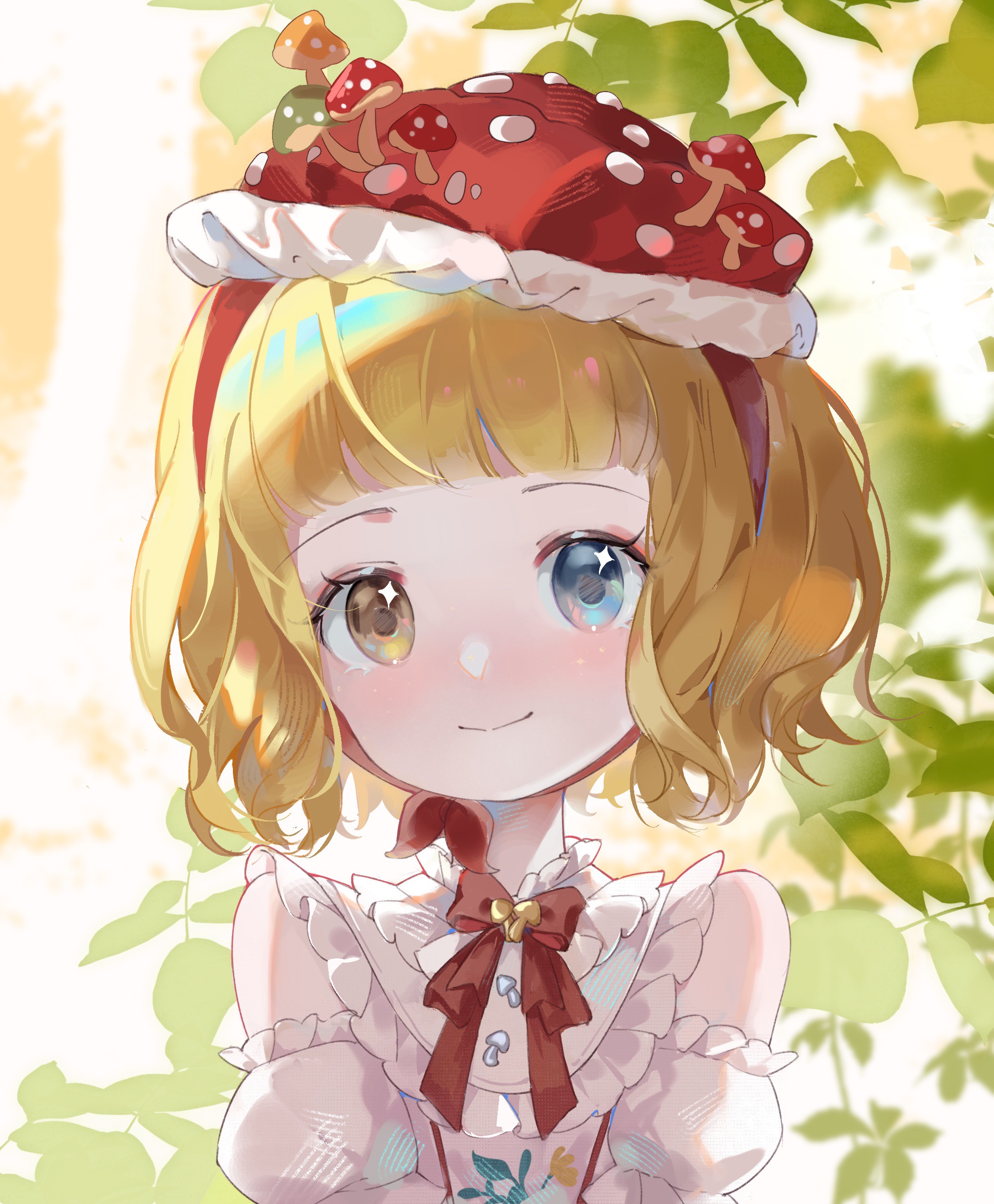 nikki (series), shining nikki, absurdres, highres, 1girl, bare shoulders, blonde hair, blue eyes, blunt bangs, bow, bowtie, branch, buttons, closed mouth, collared shirt, day, detached sleeves, eyelashes, floral print, forest, frilled shirt collar, frilled sleeves, frills, hairband, happy, hat, hat ornament, heterochromia, leaf, light blush, loose hair strand, mushroom hat, mushroom hat ornament, mushroom mirth (shining nikki), nature, outdoors, puffy short sleeves, puffy sleeves, red bow, red bowtie, red hairband, red hat, shirt, short hair, short sleeves, sleeveless, sleeveless shirt, smile, solo, sparkling eyes, sunlight, tareme, upper body, wavy hair, white shirt, white sleeves, yellow eyes, yutoutoutoutoutou