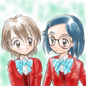 precure, lowres, tagme, blue hair, brown eyes, brown hair, glasses, school uniform, serafuku