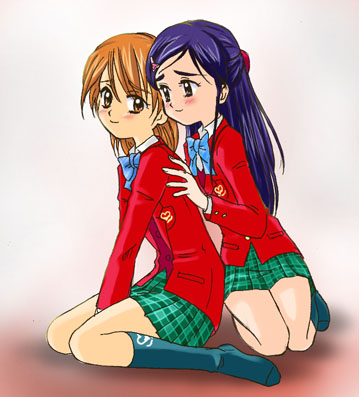 misumi nagisa, yukishiro honoka, futari wa precure, precure, lowres, 00s, blue eyes, blue hair, brown eyes, brown hair, school uniform, serafuku