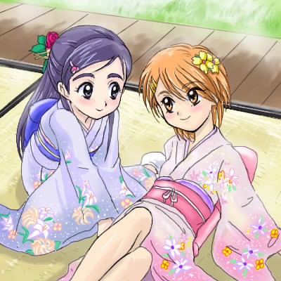 misumi nagisa, yukishiro honoka, futari wa precure, precure, lowres, 00s, blue eyes, blue hair, brown eyes, brown hair, japanese clothes, kimono