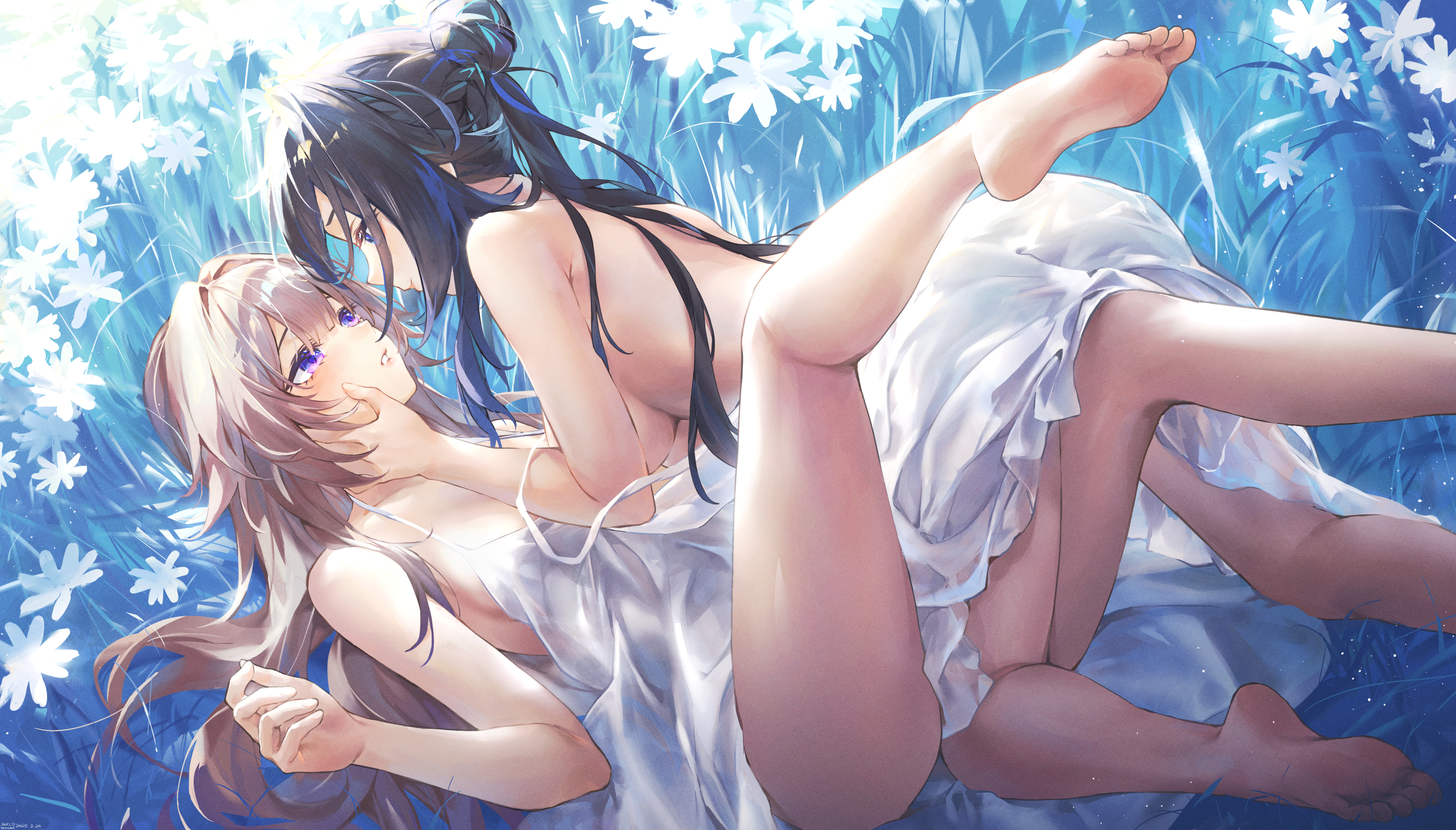 swkl:d, herta (honkai: star rail), ruan mei (honkai: star rail), the herta (honkai: star rail), honkai: star rail, honkai (series), absurdres, highres, 2girls, alternate costume, armpit crease, bare shoulders, barefoot, black hair, blue eyes, blush, breasts, brown hair, closed mouth, dress, eye contact, feet, hair bun, hand on another's face, leg up, long hair, looking at another, lying, medium breasts, missing commentary, multiple girls, on back, parted lips, purple eyes, single hair bun, smile, soles, strap slip, toes, white dress, yuri