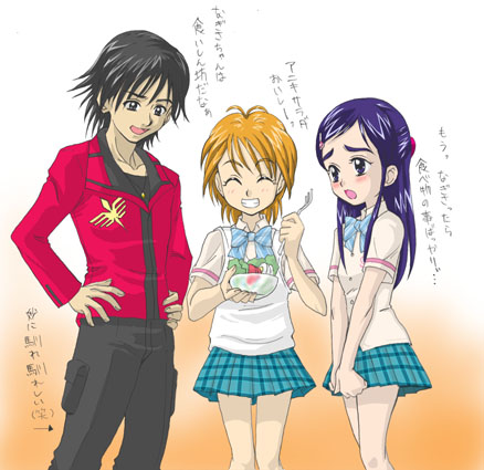 misumi nagisa, yukishiro honoka, futari wa precure, precure, lowres, 00s, blue eyes, blue hair, brown hair, school uniform, serafuku