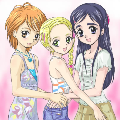 kujou hikari, misumi nagisa, yukishiro honoka, futari wa precure, futari wa precure max heart, precure, lowres, 00s, blonde hair, blue eyes, blue hair, brown eyes, brown hair, green eyes