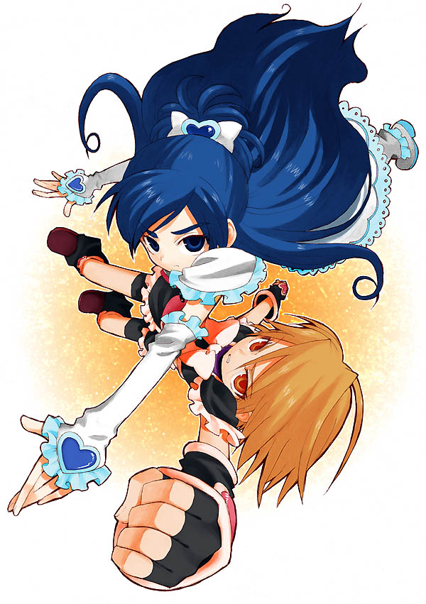 minakata sunao, cure black, cure white, misumi nagisa, yukishiro honoka, futari wa precure, precure, black footwear, 00s, 2girls, blue eyes, blue hair, boots, brown eyes, brown hair, detached sleeves, gloves, half updo, heart, long hair, magical girl, multiple girls, short hair, shorts under skirt