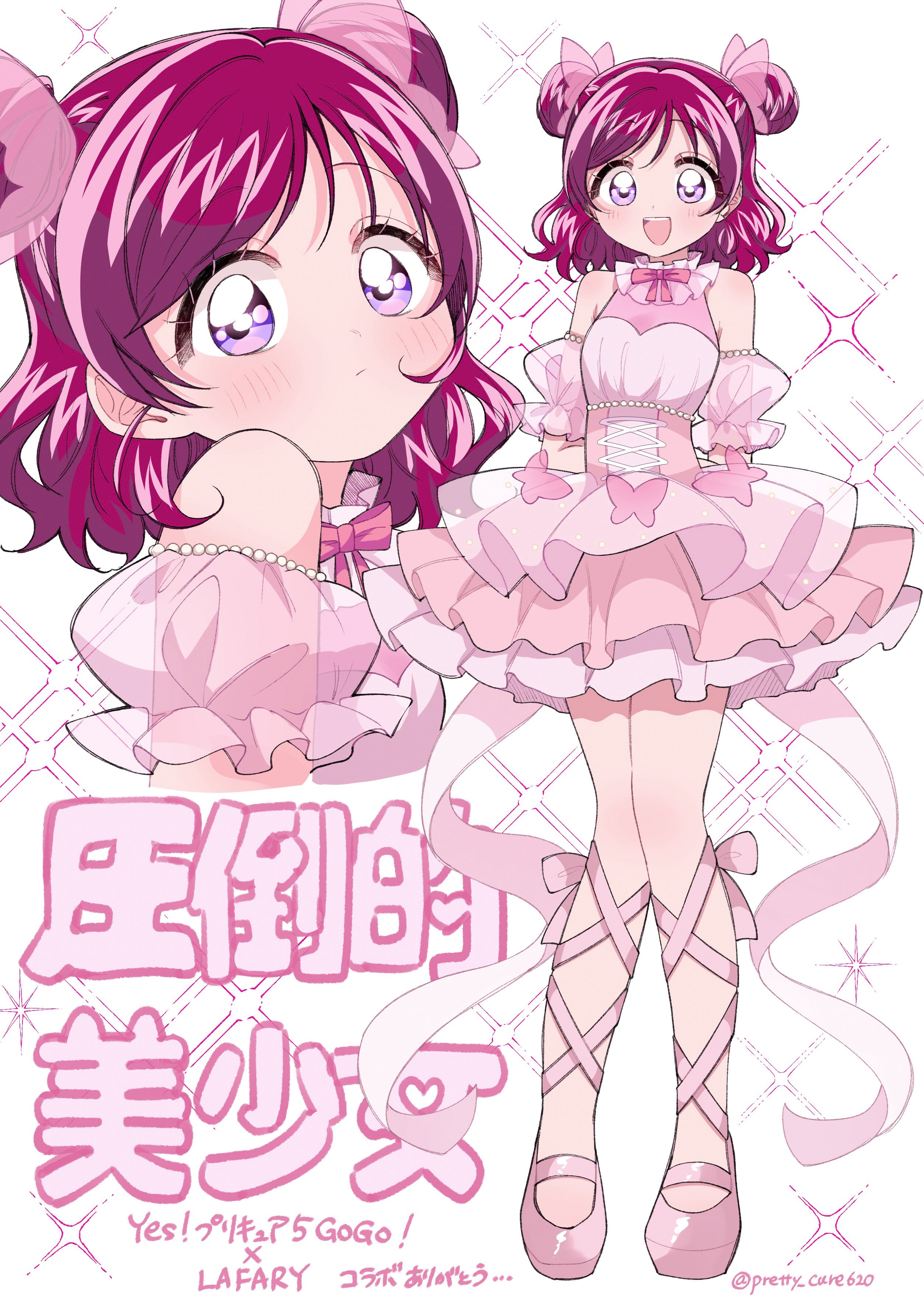 non (pretty cure620), yumehara nozomi, precure, yes! precure 5, yes! precure 5 gogo!, absurdres, commentary request, highres, translation request, 1girl, arms behind back, bow, butterfly hair ornament, closed mouth, detached sleeves, double bun, dress, dress bow, hair bun, hair ornament, lace-up heels, layered dress, looking at viewer, open mouth, pink hair, pink theme, purple eyes, see-through clothes, see-through sleeves, short hair, sparkle, teeth, upper teeth only, white background, yumehara nozomi (lafary)