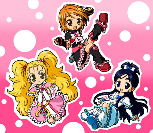 cure black, cure white, kujou hikari, misumi nagisa, shiny luminous, yukishiro honoka, futari wa precure, futari wa precure max heart, precure, 00s, blonde hair, blue eyes, blue hair, brown eyes, brown hair, green eyes