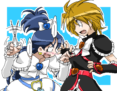 cure black, cure white, misumi nagisa, yukishiro honoka, futari wa precure, precure, lowres, 00s, blue hair, brown hair