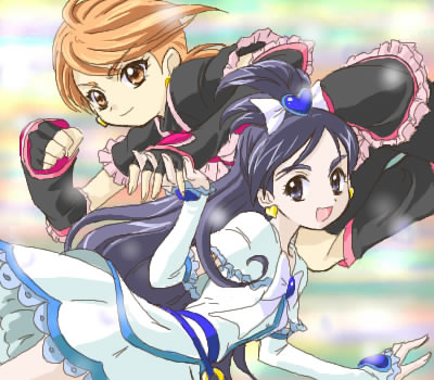 cure black, cure white, misumi nagisa, yukishiro honoka, futari wa precure, precure, lowres, 00s, blue eyes, blue hair, brown eyes, brown hair